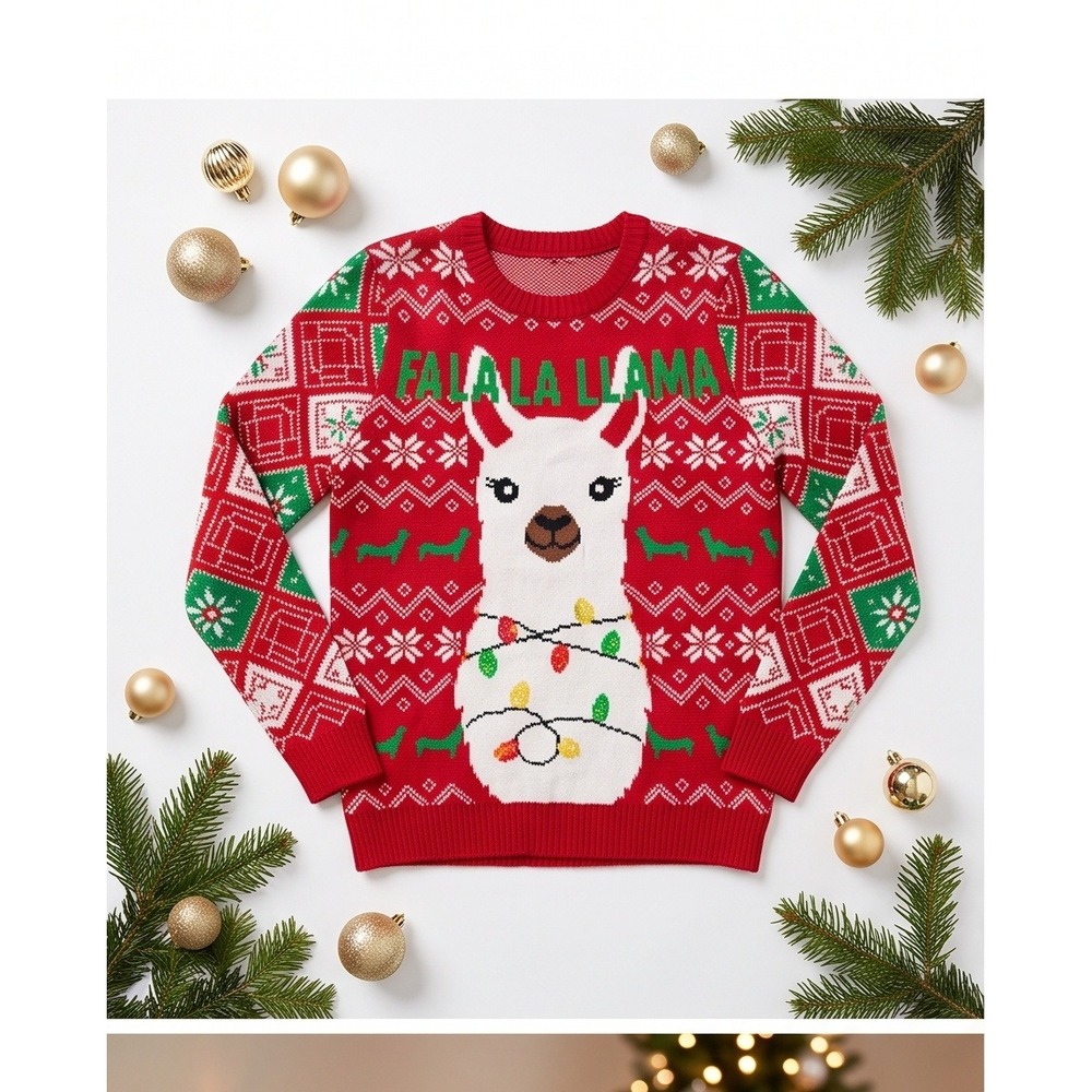 FaLaLa Llama M Ugly Christmas Sweater Red Green Sequin Holiday Medium Whimsical